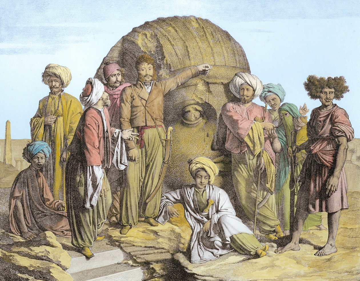 Monsieur Drovetti e seus seguidores usaram um prumo para medir uma cabeça colossal no deserto egípcio, gravada por G. Engelmann, de "Voyage dans le Levant", de Comte de Forbin, publicada em 1819 (lit de Granger
