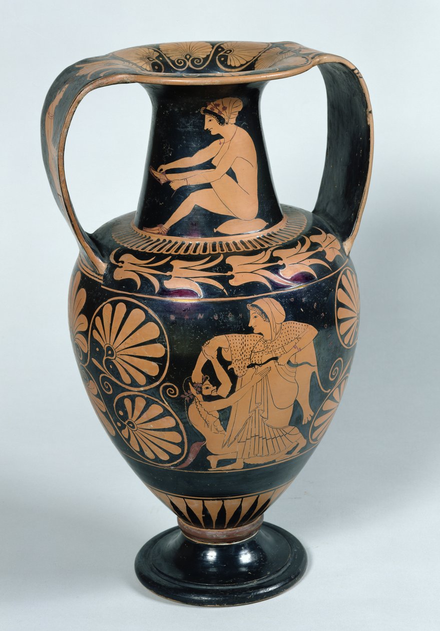 Ânfora ática de figuras vermelhas representando uma bacante e um sátiro, por Panácios (cerâmica) de Greek