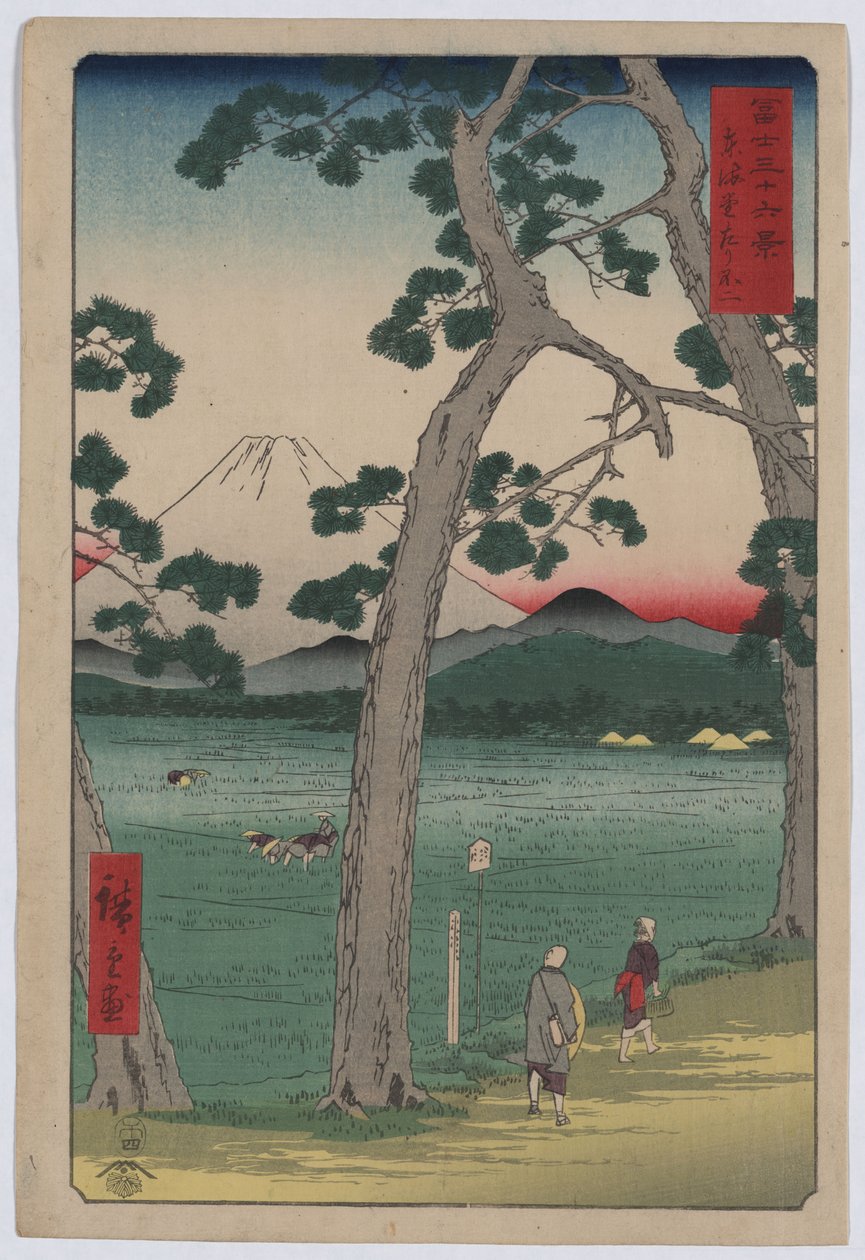 Fuji à esquerda da estrada de Tokaido de Utagawa Hiroshige