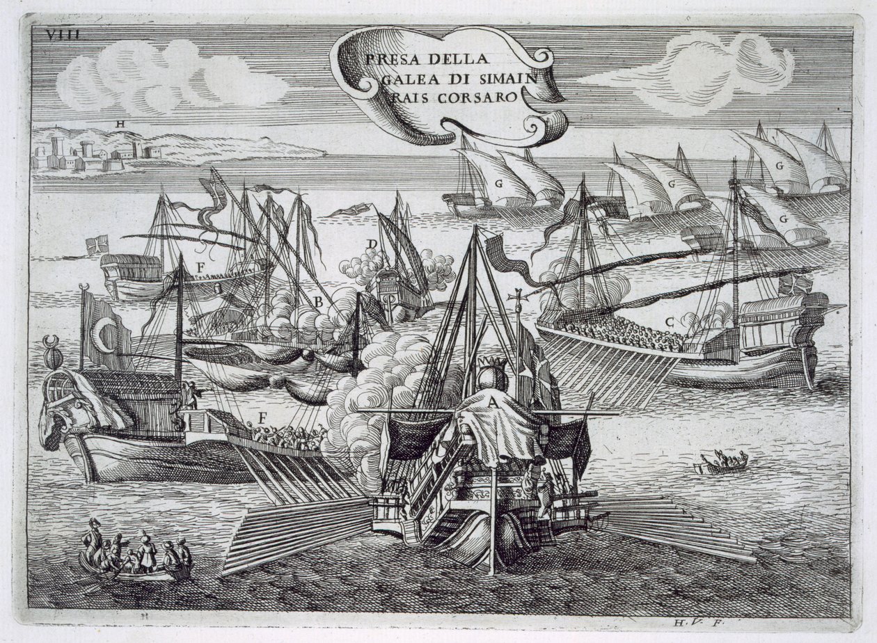 Captura da Galeass de Simeon Rais, corsário, ilustração de "Sabores da Toscana nas mais assinadas" Cavalieri di Santo Stefano, de Fulvio Fontana, gravada por H. Vincent, 1701 (gravado de Italian School