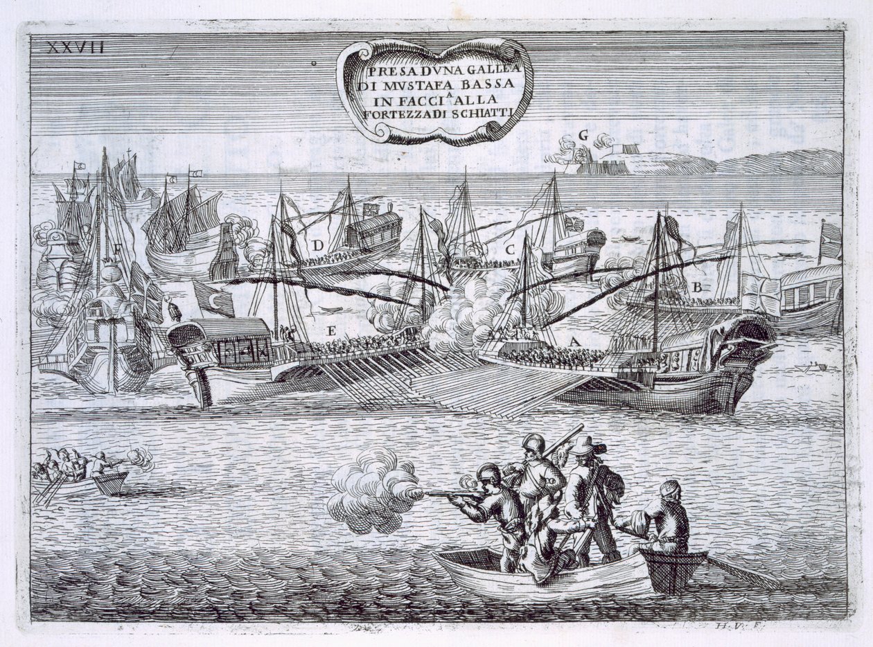 Galeões de combate de Mustapha Bassa, ilustração de "Príncipes da Toscana nas empresas mais assinadas dos Cavalieri di Santo Stefano" por Fulvio Fontana, gravada por H. Vincent, 1701 (gravura) de Italian School