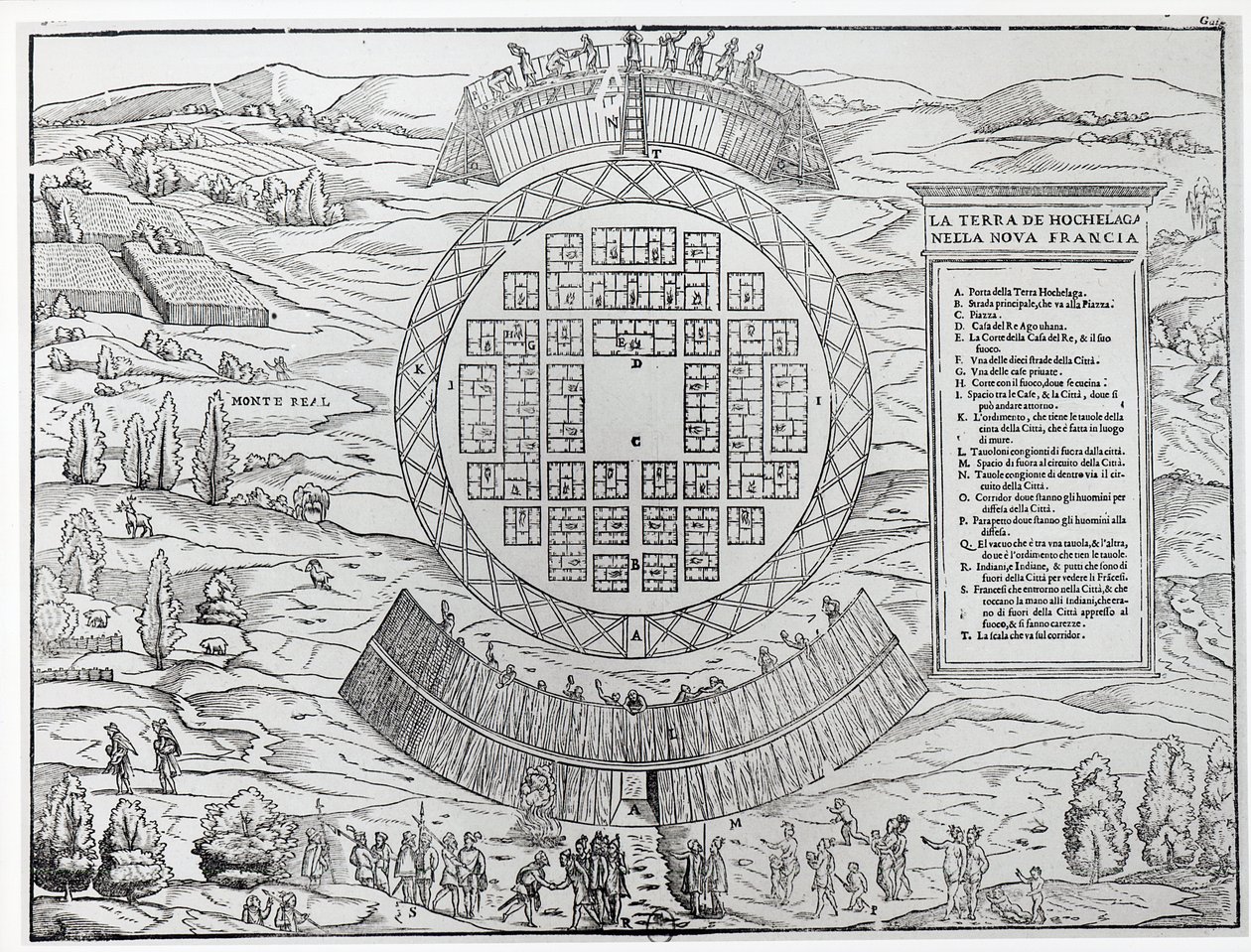 Fundação de Hochelaga (Montreal), de &39;Terceiro volume de navegação e viagem em que a navegação para o Novo Mundo está contida&39; por Giovanni Battista Ramusio (1485-1557), publicado em 1556 (en de Italian School