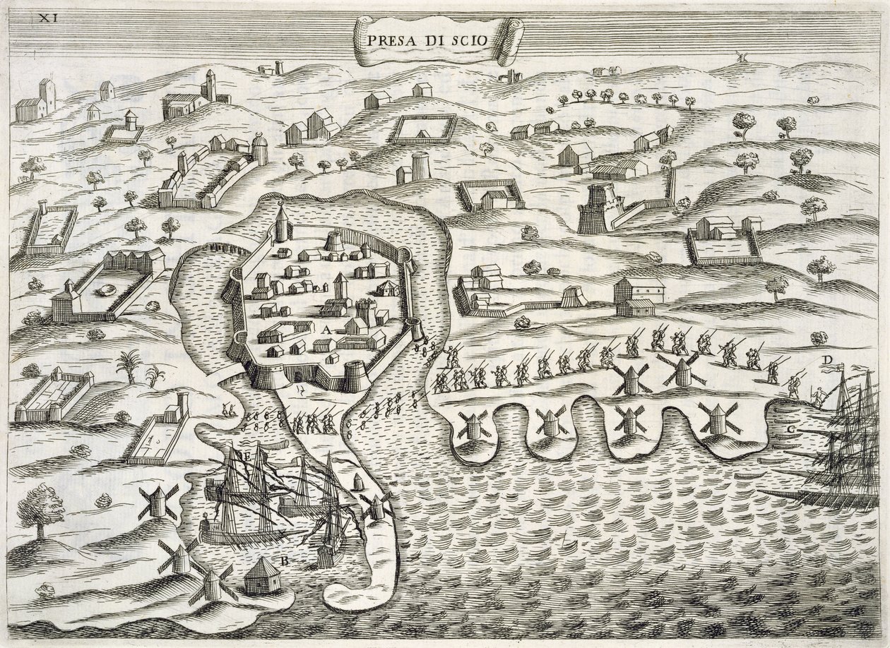 Soldados italianos marchando para a cidade fortificada na ilha de Chois, ilustração de "príncipes da Toscana nas mais notáveis empresas dos Cavaleiros de Santo Stefano" por Fulvio Fontana, gravada b de Italian School