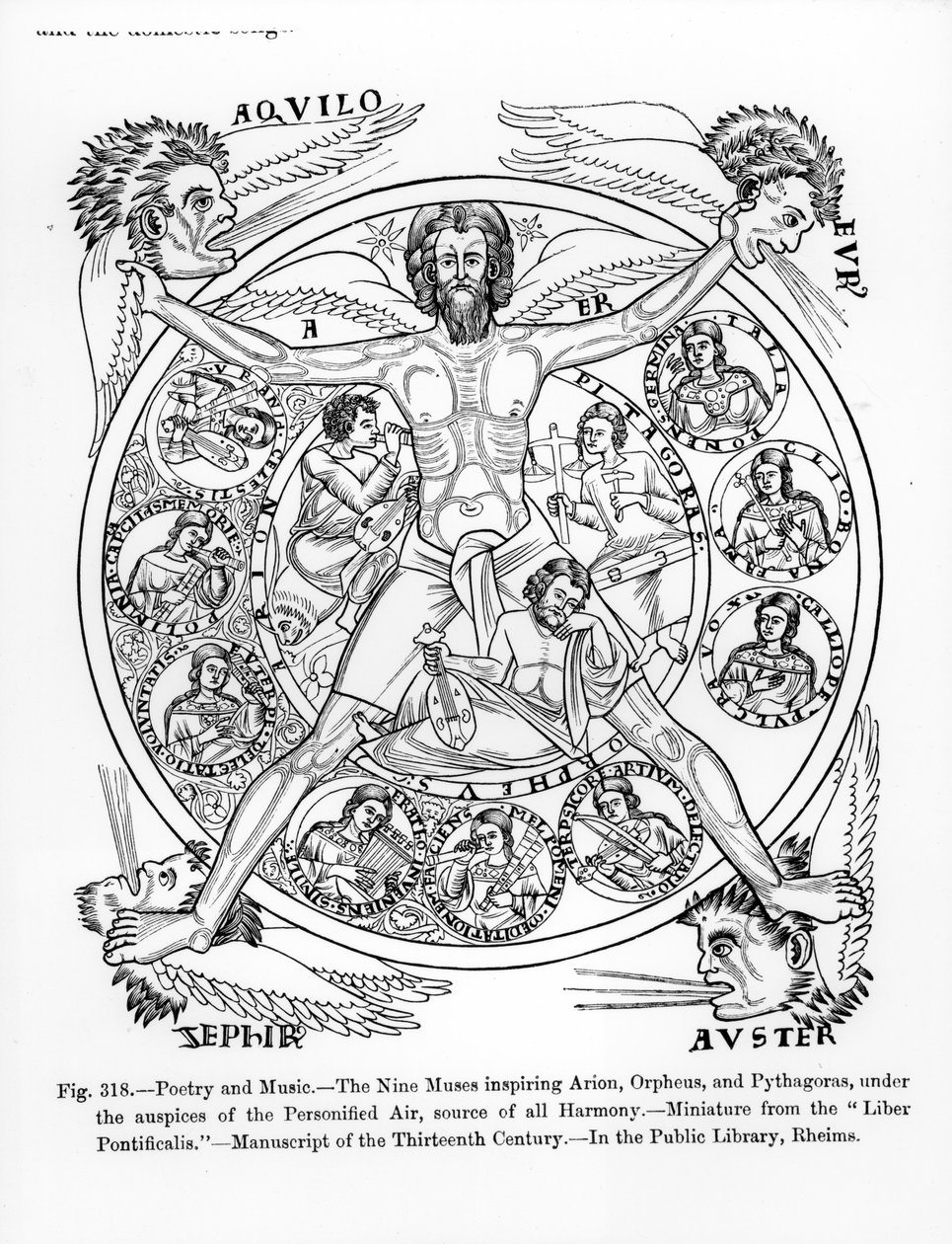 Poesia e Música, as Nove Musas que inspiram Arion, Orfeu Pitágoras, sob os auspícios do Ar Personificado, fonte de toda a Harmonia, da ilustração do &39;Liber Pontificalis&39; (Livro dos Papas) de Italian School