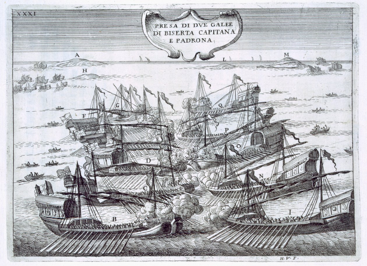 Dois galeões de Birserta tomados pelos italianos em uma batalha de cabeça a cabeça, principalmente de galés, ilustração de &39;Pregi della Toscana Nell&39;Imprese piu Segnalate de Cavalieri de Santo Stefano&39; por Fu de Italian School