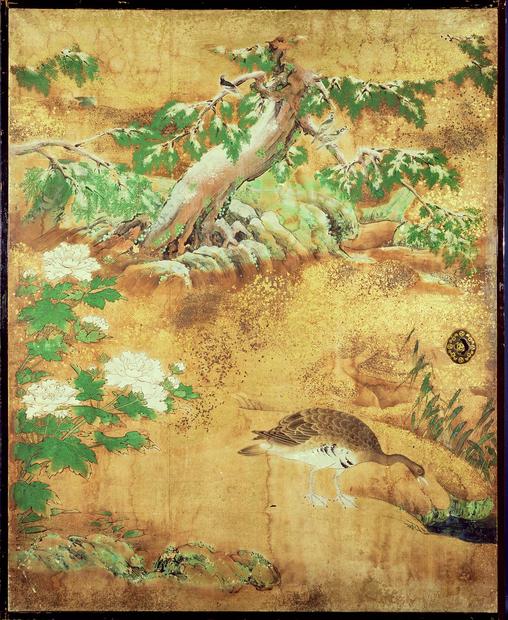 Painel de portas deslizantes para pássaros e flores (tinta, cores, ouro e prata sobre papel) de Japanese School