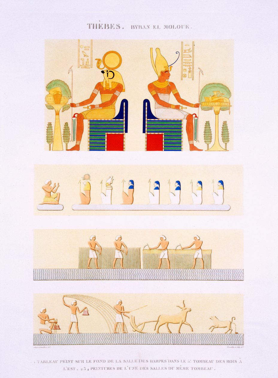 Ilustrações de quadros pintados e murais das Harpas do 5º Túmulo dos Reis do Oriente, placa 90 do Vol. II de Descrições do Egito, gravada por Monsaldy e Cally, 1822 (aquatint) de Jollois and Devilliers