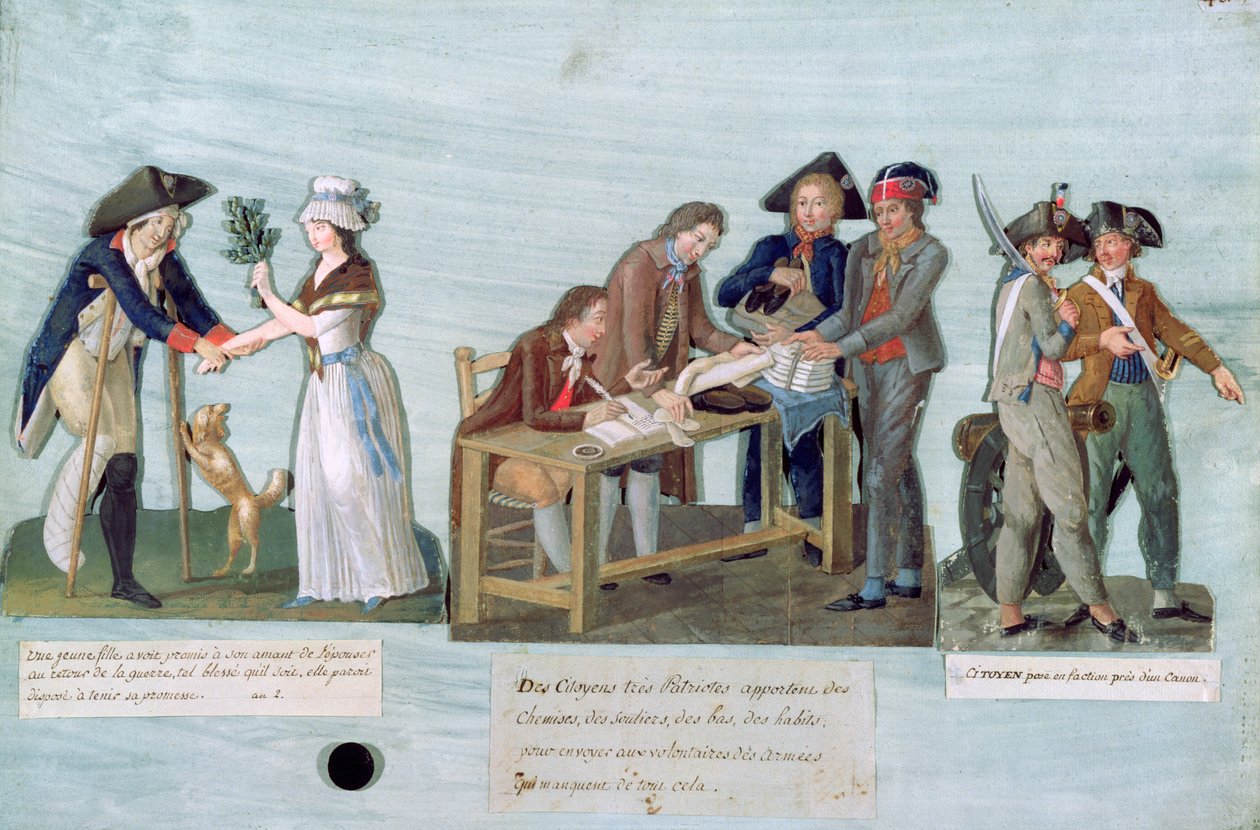 Uma mulher prometendo casar com seu pretendente ferido após a guerra, cidadãos patrióticos doando suas roupas para os voluntários e guardas de combate perto de seu canhão, c.1792 (guache no cartão) de Lesueur Brothers
