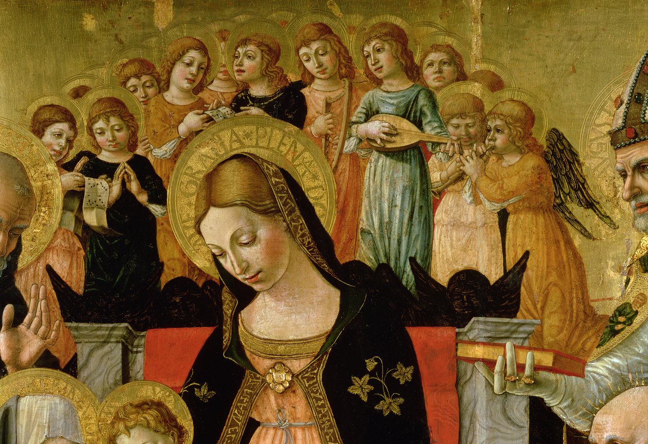 O casamento de Santa Catarina de Sena, detalhe da cabeça da Virgem e dos anjos, c.1481-1500 (têmpera e óleo no painel) (ver também 99056) (para mais detalhes ver 99638) de Lorenzo d Alessandro da Severino II