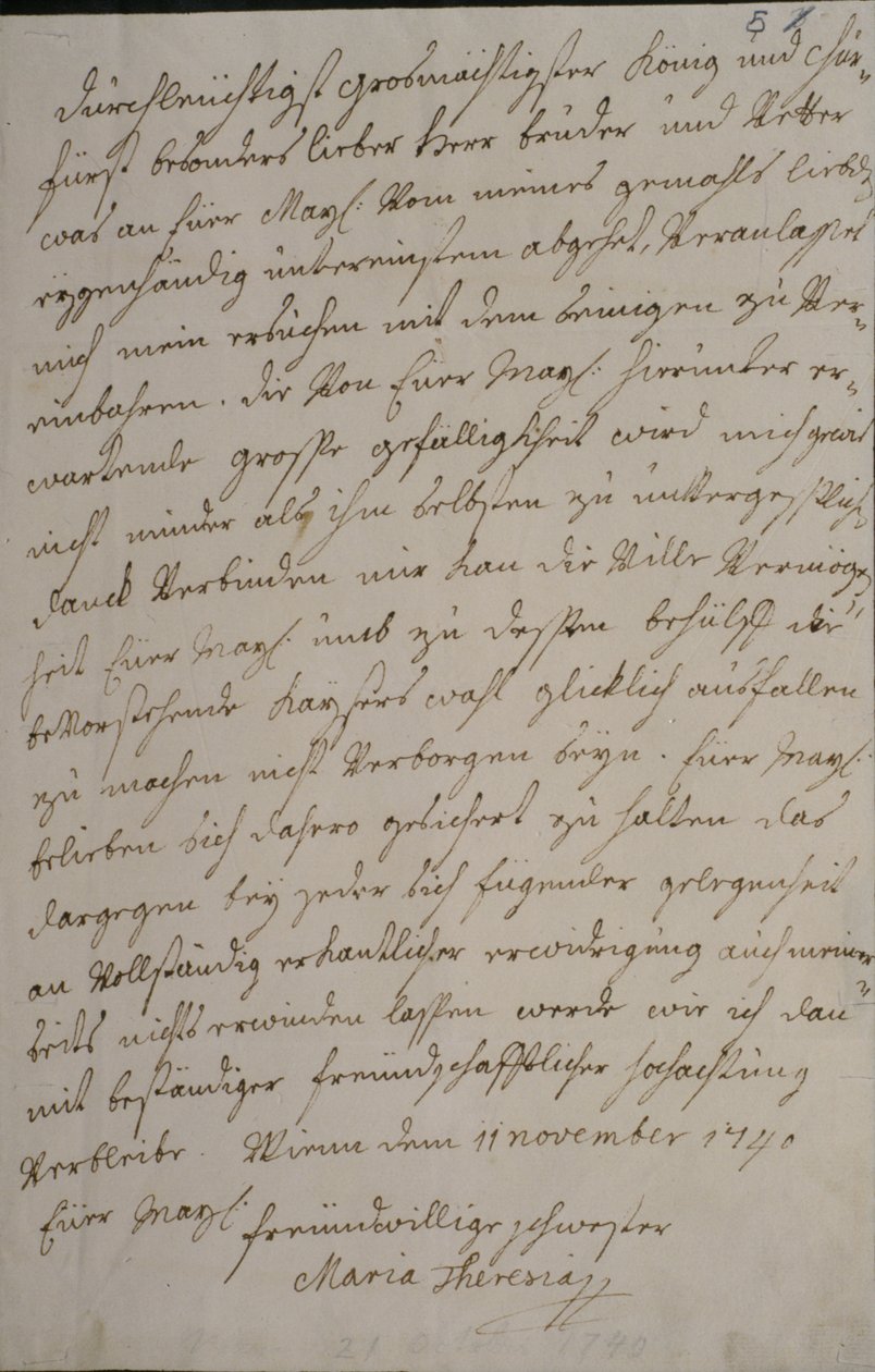 Uma carta de Maria Teresa ao rei Frederico II pedindo seu apoio à eleição imperial de seu marido Francisco I, 11 de novembro de 1740 (caneta e tinta no papel) de Maria Theresa of Austria