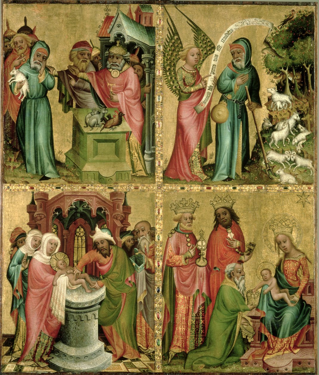 O sacrifício de Joaquim, a circuncisão de Cristo, a Anunciação a São Joaquim e a adoração dos Magos da ala esquerda do altar de Buxtehude, 1400-10 (têmpera no painel) de Master Bertram of Minden
