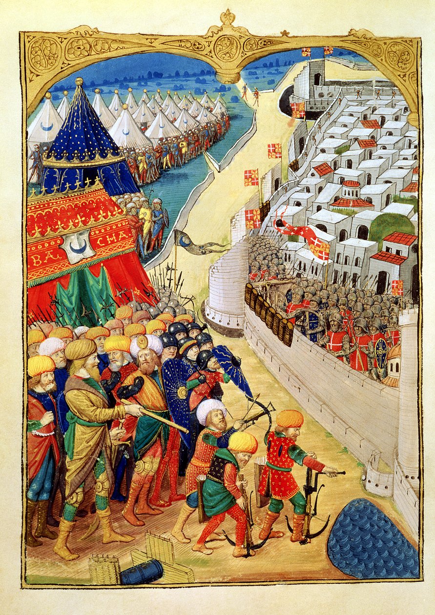 Lat 6067 f.55v As forças turcas se preparam para a batalha fora dos muros de Rodes em 1480, de "Uma História do Cerco a Rodes", de Guillaume Caoursin, 1483 de Master of Cardinal de Bourbon