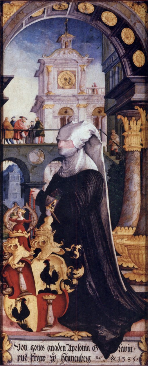 Wildensteiner, altar, direita, lado, dentro, ajoelhando, doador., Condessa, Apollonia, von, Henneberg, com, brasão de Master of Messkirch