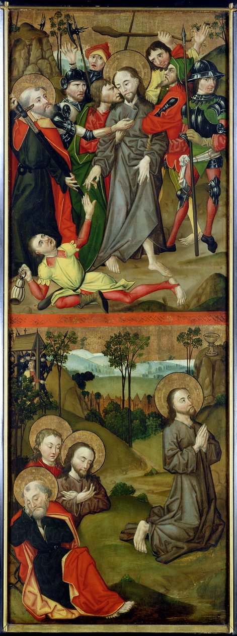 A prisão de Cristo e Cristo no Jardim do Getsêmani, painel de um retábulo representando cenas da Paixão e dos Santos, 1490 (ver também 144538-40) de Master of the Luneburg Footwashers