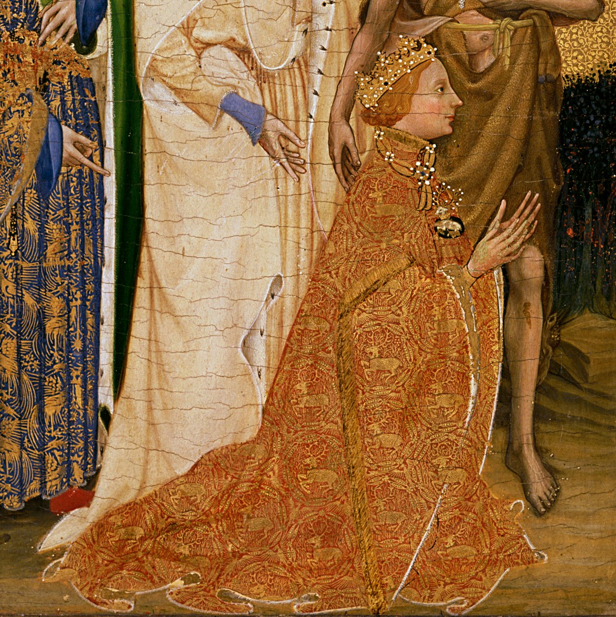 Ricardo II apresentado à Virgem e à Criança por seu padroeiro São João Batista e pelos Santos Eduardo e Edmundo, c.1395-99 (têmpera de ovo em carvalho) (detalhe de 3028) de Master of the Wilton Diptych