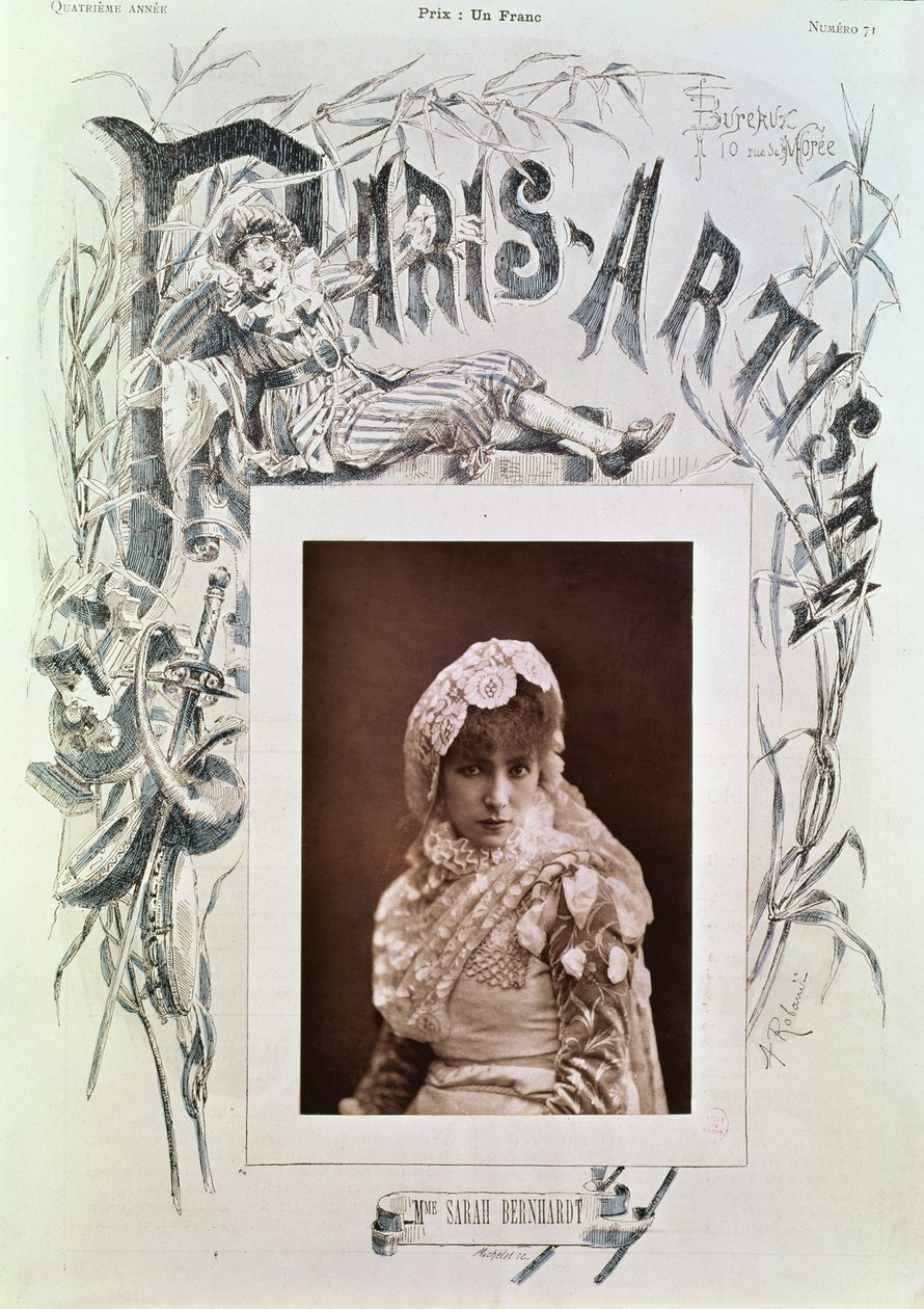 Sarah Bernhardt (1844-1923) no papel de Marion Delorme no Theatre de la Porte Saint-Martin, ilustração para a capa da revista &39;Paris Artiste&39;, n. 71, gravado por Michelet (mídia mista) de Nadar
