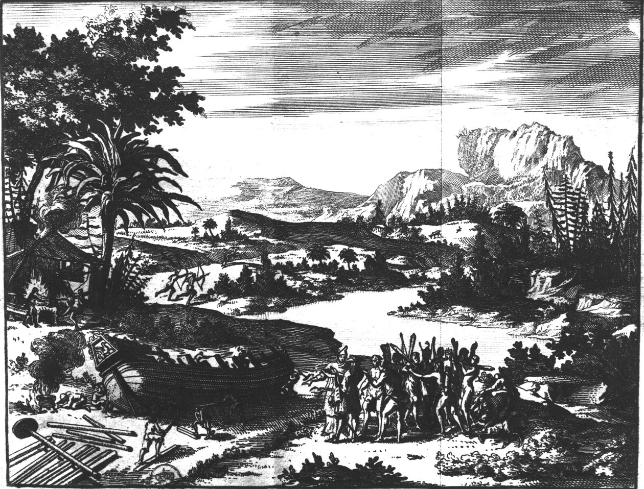 Construção do "Griffon" de Rene Robert Cavelier de la Salle (1643-87) às margens do Lago Erie, de "Curious Travels of M. de Hennequin e M. de la Borde", 1711 de Netherlandish School