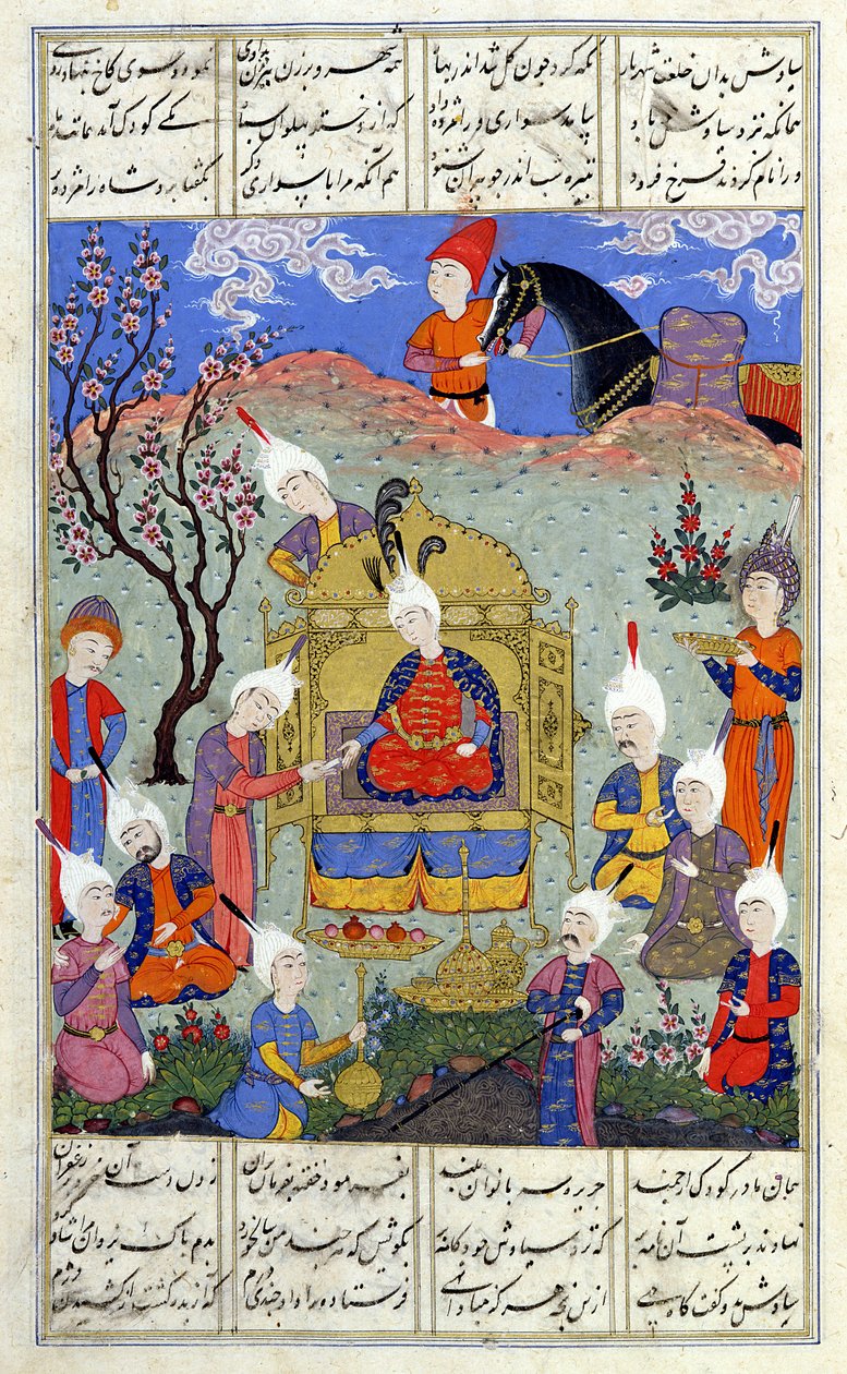 Ms D-184 fol.146a Um mensageiro traz notícias a Siavosh do nascimento de seu filho, ilustração do &39;Shahnama&39; (Livro dos Reis), por Abu&39;l-Qasim Manur Firdawsi (c.934-c.1020) .1510-40 (guache sobre papel de Persian School