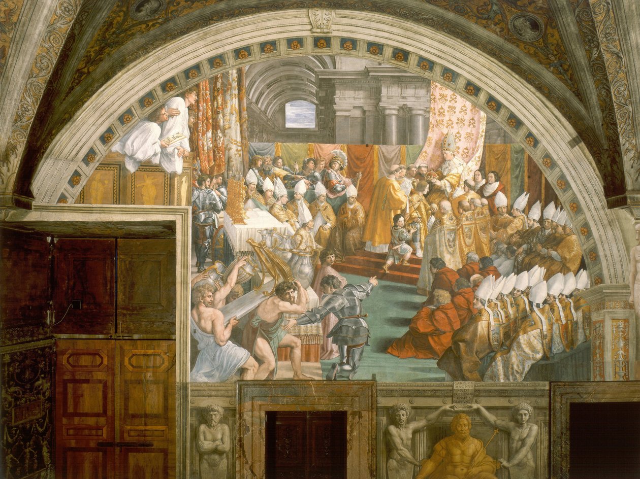 Coroação de Carlos Magno por Leão III. em São Pedro na noite de Natal 800 de Raffaello Sanzio Raphael