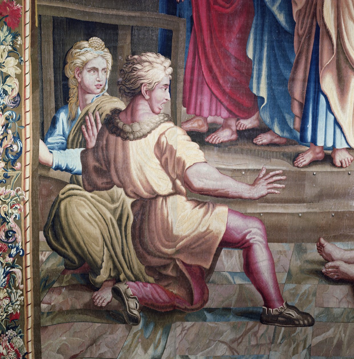 Tapeçaria representando os Atos dos Apóstolos, a Morte de Ananias (detalhe de dois espectadores tomados de pavor), tecidos na Oficina de Beauvais sob a direção de Philippe Behagle (1641-1705), de Raffaello Sanzio Raphael