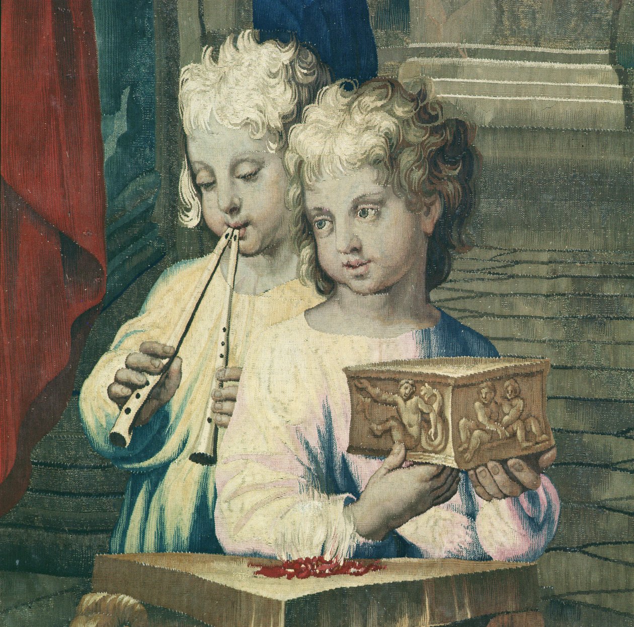 Tapeçaria representando os Atos dos Apóstolos, o sacrifício de Listra (detalhe duas crianças, uma tocando uma flauta dupla e a outra apresentando uma pequena caixa), tecidas na Oficina de Beauvais sob a direção de Raffaello Sanzio Raphael