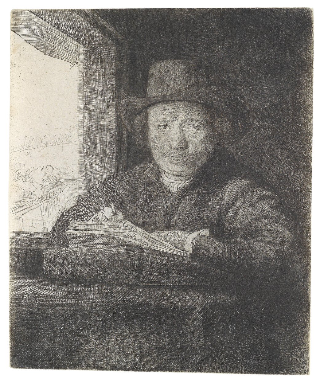 Auto-retrato no desenho da janela de Rembrandt van Rijn