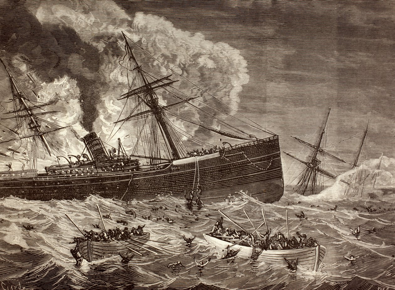 Colisão e naufrágio do vapor espanhol &39;Leon&39; e do navio inglês &39;Harelda&39; ao largo do Cabo da Roca, Portugal em janeiro de 1881, de &39;La Ilustracion Espanola y Americana&39; de 1881 de Spanish School
