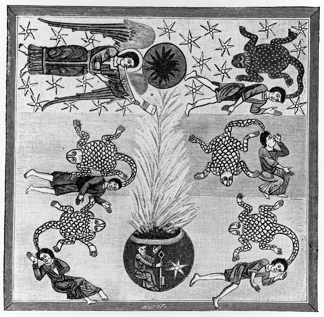 "Da fumaça que sobe do abismo nascem escorpiões que flagelam os homens", de um Comentário sobre o Apocalipse feito pelo monge asturiano Beatus de Liebana, c.776, ilustração de "Science and Li". de Spanish School