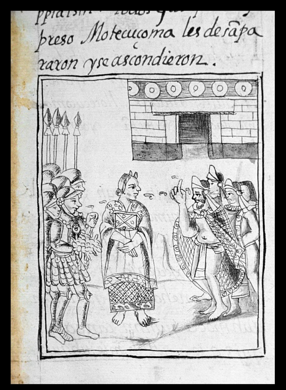 Ms Palat. 218-220 Livro IX Marina interpretando para os espanhóis em um encontro entre Hernando Cortes e Montezuma (1466-1520), do &39;Códice Florentino&39; de Bernardino de Sahagun, c.1540-85 de Spanish School