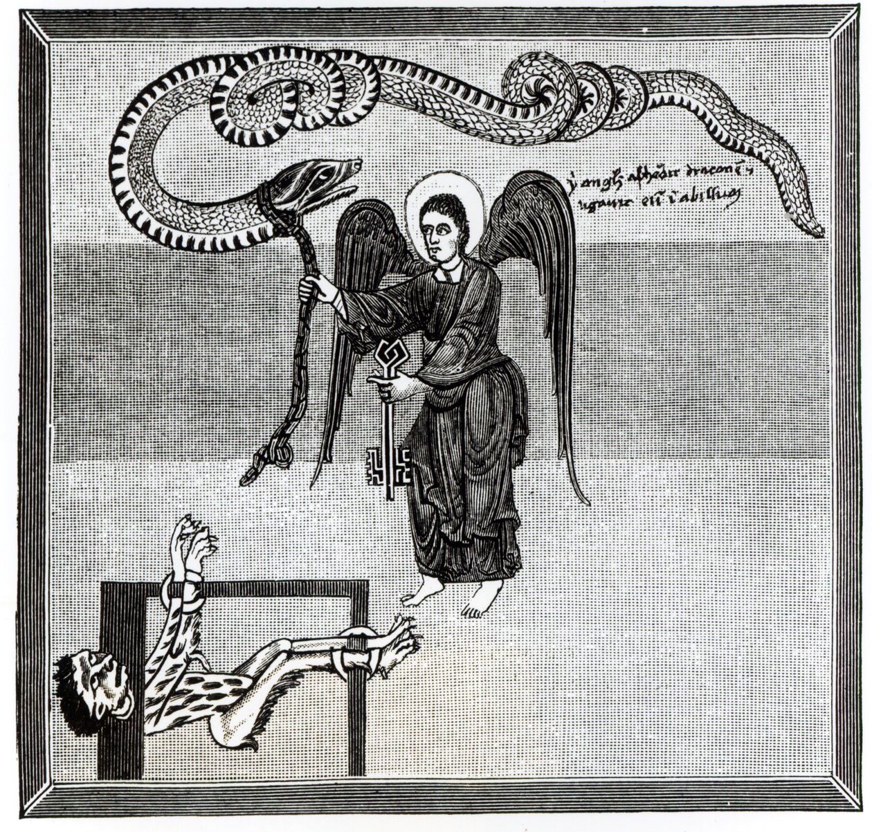 O Anjo, segurando as Chaves do Inferno, encadeia o Diabo, na forma de um Dragão, na Cova, de um Comentário sobre o Apocalipse do monge asturiano Beatus de Liebana, c.776, ilustração de &39;S de Spanish School