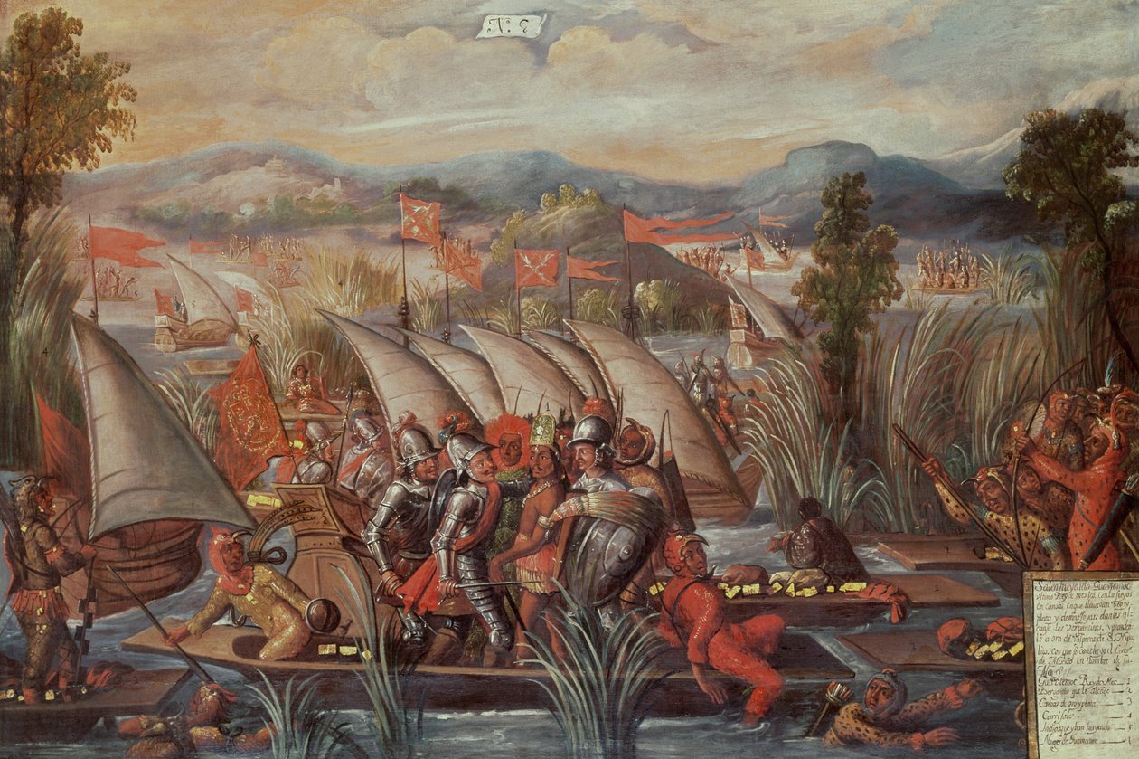 A captura de Guatemoc (c.1495-1522), o último imperador asteca do México (painel nº8) de Spanish School