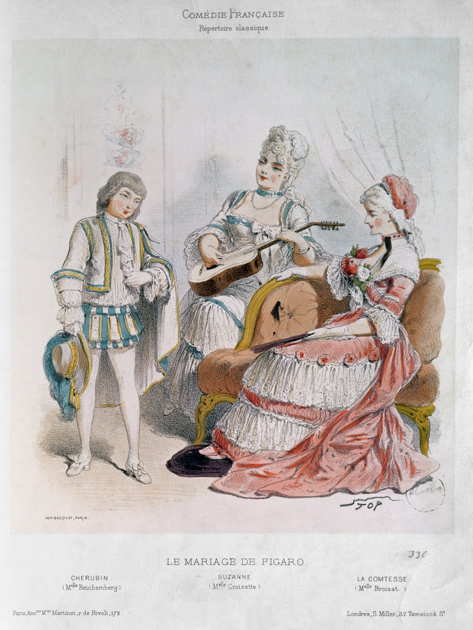 Mademoiselle Reichemberg como Cherubin, Mademoiselle Croizette como Suzanne e Mademoiselle Broisat como a Condessa em &39;O Casamento de Figaro&39; por Pierre-Augustin Caron de Beaumarchais (1732-99) (cor de Stop