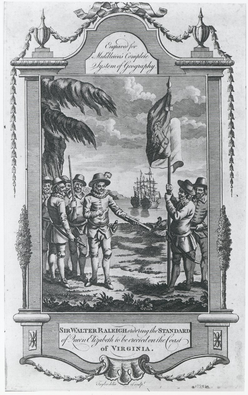 Sir Walter Raleigh (1552-1618), ordenando que o estandarte da rainha Elizabeth fosse erguido na costa da Virgínia, em 1584, gravado pelo artista para &39;Sistema Completo de Geografia de Middleton&39; de Taylor