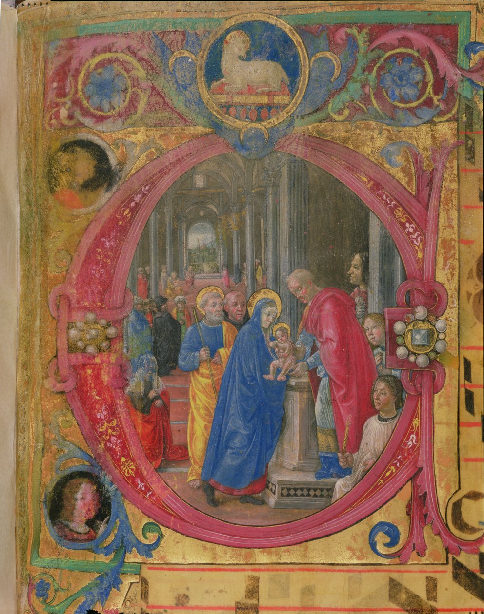 Corale B 26 c.113r Historiated inicial &39;C&39; representando a apresentação no templo, com um retrato de Lorenzo o magnífico (1449-92) por uma coluna do lado direito (ver 179197 para de Tommaso di Baldassare