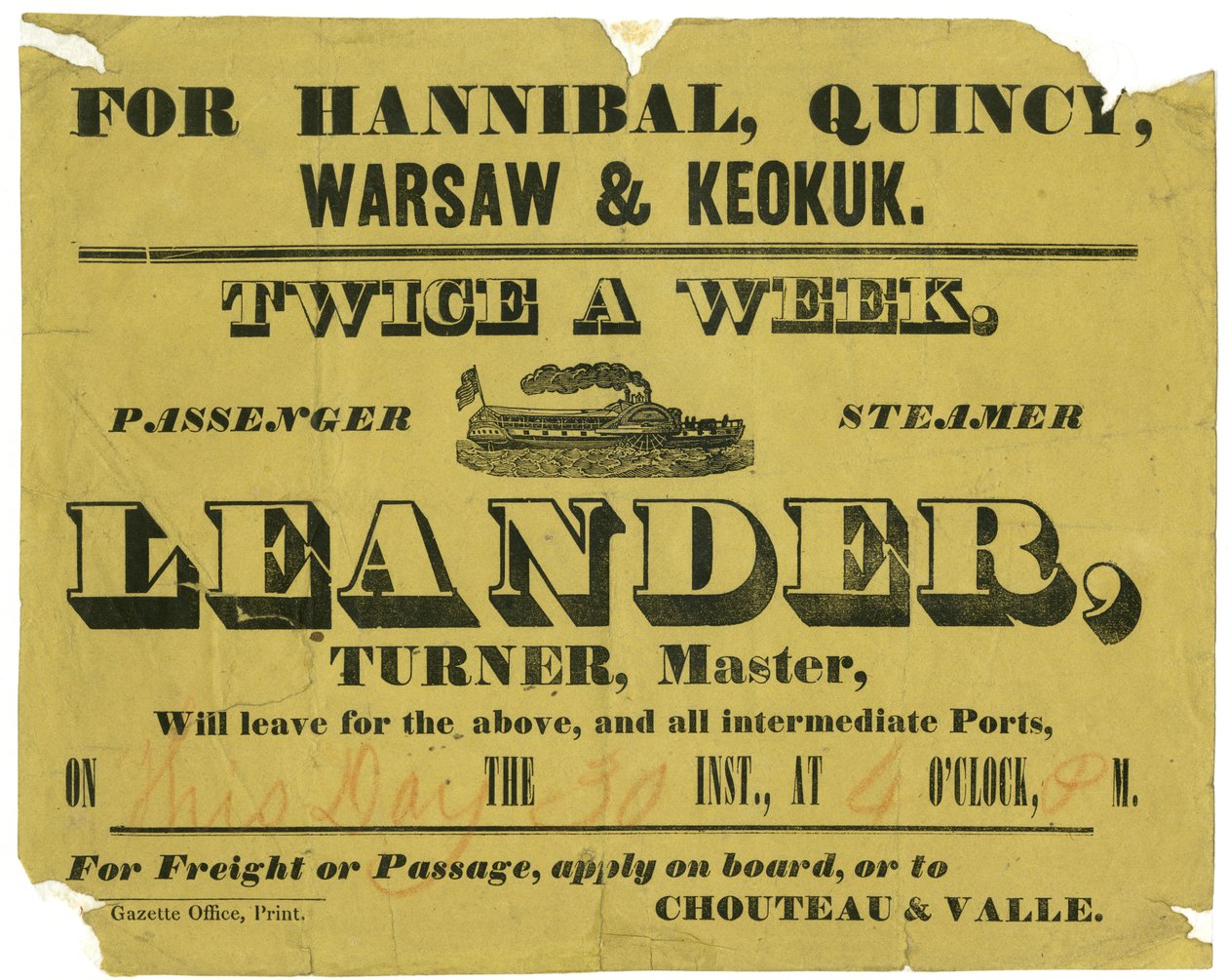 Propaganda para SSL e passagens, duas vezes por semana de frete ou passagem, para Hannibal, Quincy, Varsóvia e Keokuk, ca. 1850 de Unknown
