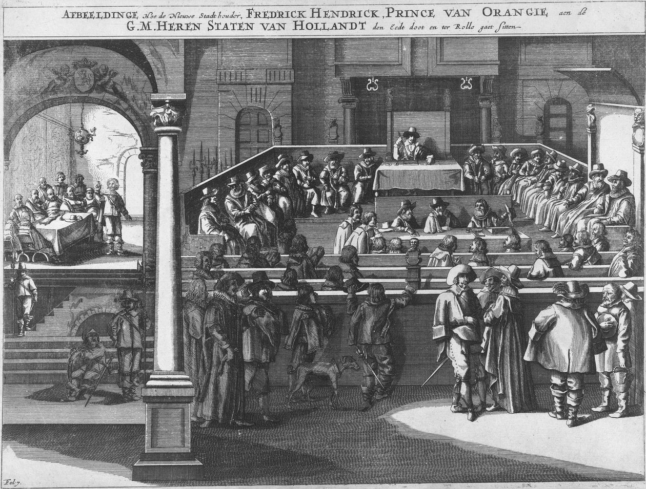 Afbeeldinge, Como o novo titular da Cidade, Fredrick Hendrick, Príncipe de Orangie, e o GM Heren Staten van Hollandt den Eedt faz e está sendo implementado Frederik Hendrik faz o juramento como stadholder e toma assento no Staten van Holland, 1625 de Unknown
