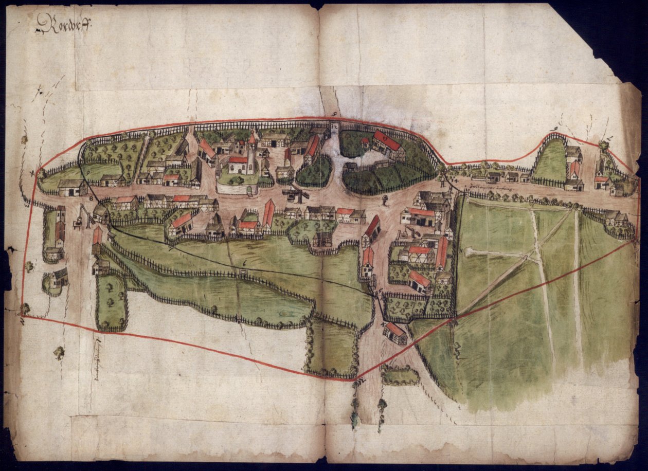 Vista, de, a, vila, Rohrdorf, em, Meßkjirch, ligado, um, vista aérea, mapa, de, 1576 de Unknown