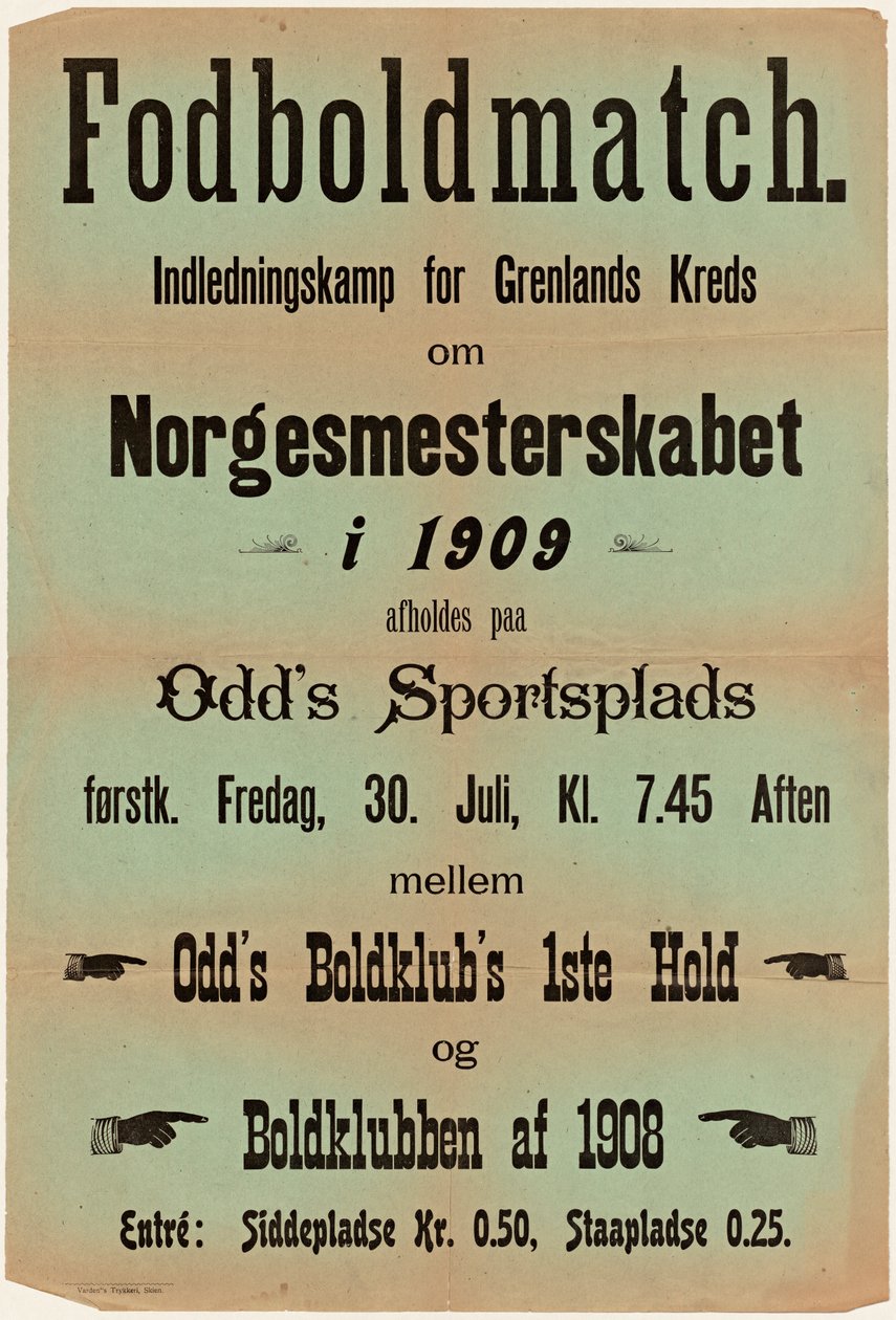 Jogo de futebol. A luta pela introdução de Grenlands Kreds sobre o Campeonato Norueguês em 1909 será realizada no campo de esportes de Odd. de Unknown