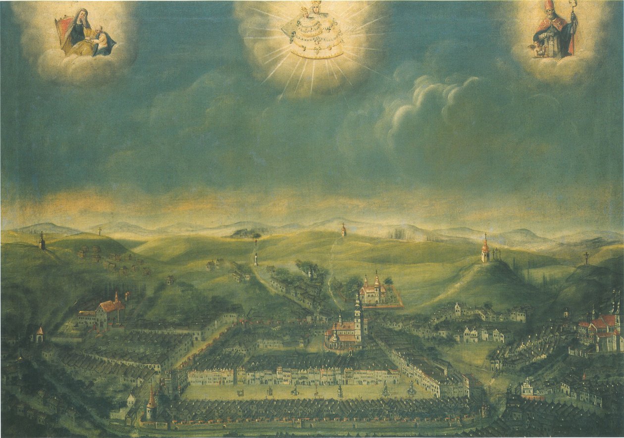 Pintura da cidade checa Třebíč feita em 1677 em Mariazell na Áustria de Unknown