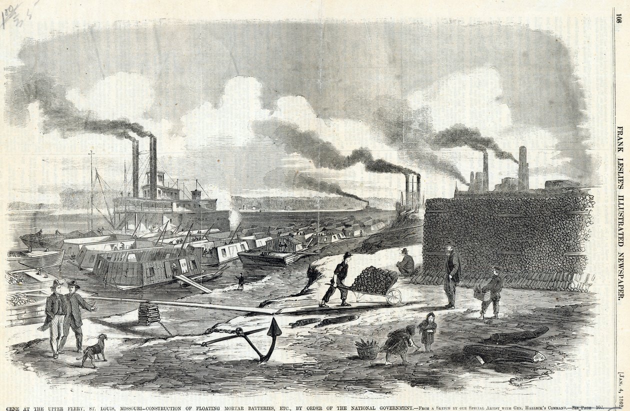 Impressão, de, a, construção, de, morteiro, barcos, ao longo, contorno costa, com, um, riverboat, em, a, fundo de Unknown