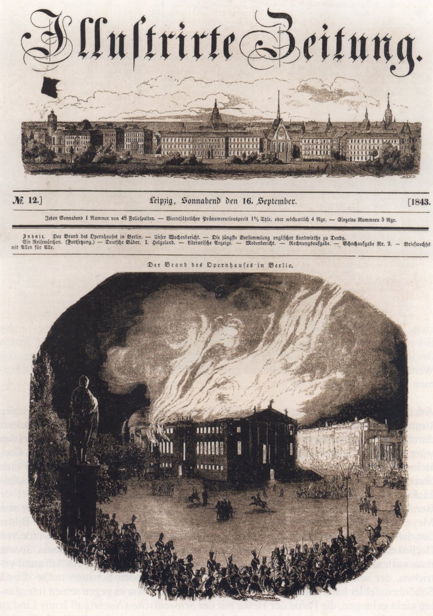 Página de rosto do Leizpiger Illustrirten Zeitung, 16 de setembro de 1843, representando a marca da Ópera de Berlim em 18 de agosto de 1843 de Unknown