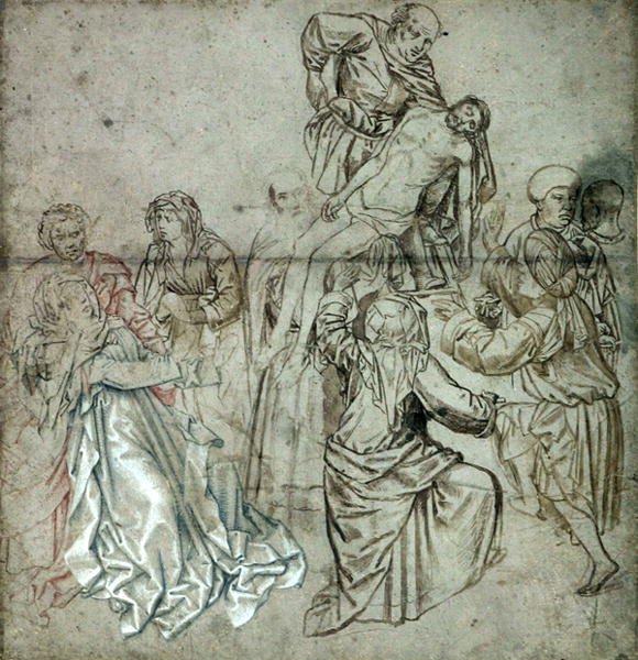 Painel central de um tríptico perdido por Campin, possivelmente desenhado por Vranck van der Stock (1424-95) (caneta e giz sobre papel) de Master of Flémalle