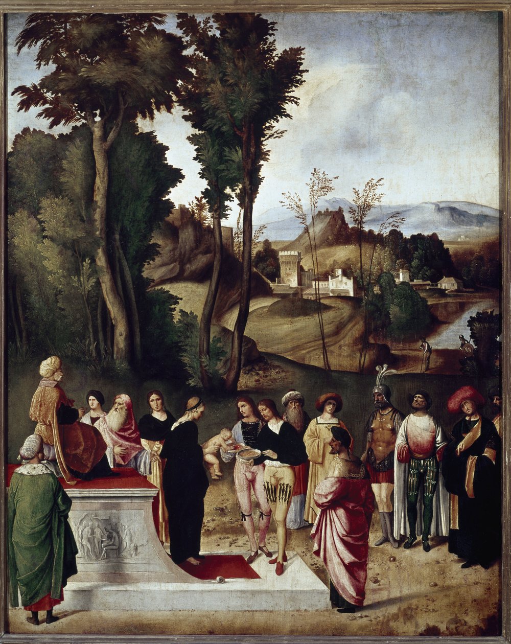 Moisés criança submetida à prova de fogo e ouro pelo Faraó. detalhe (Óleo sobre madeira, c.1502) de Giorgione
