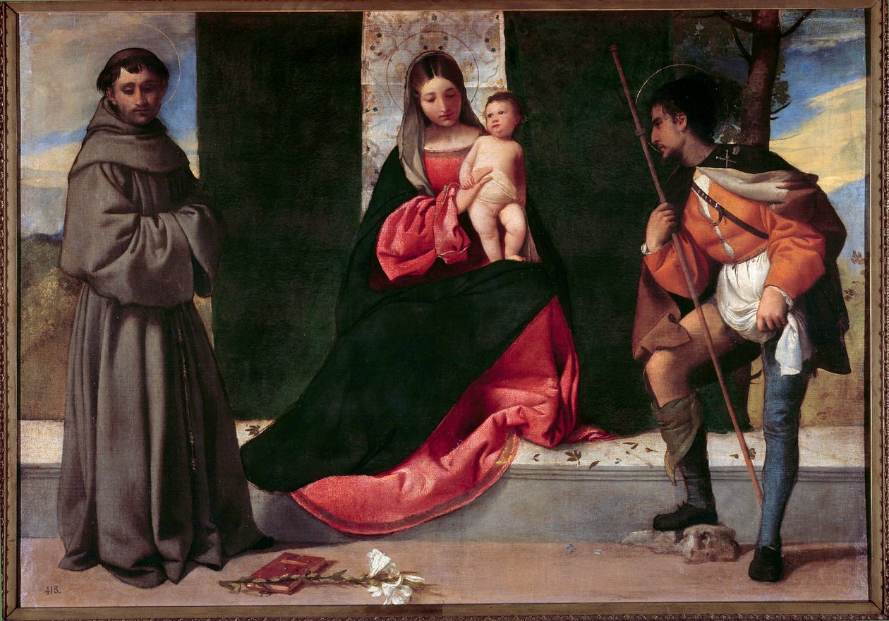 A Virgem e o Menino entre Santo António de Pádua (san antonio di padova) e São Roch Pintura de Giorgio Barbarelli da Castelfranco dit Giorgione (1477-1510). Sol do século XVI. 0,92x1,33 m Madrid, Museu do Prado. de Giorgione