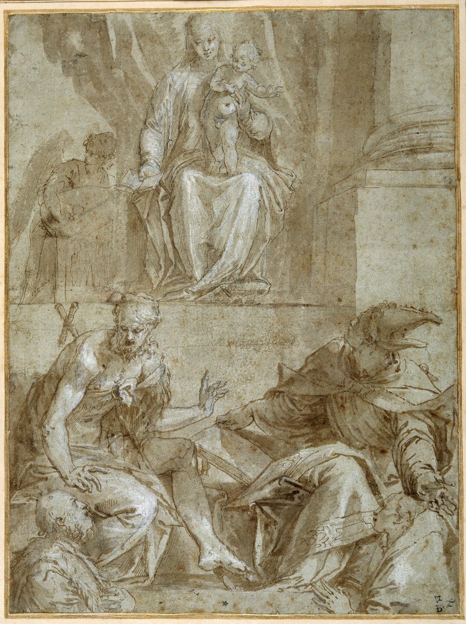 Virgem com o Menino entronizado com São João Batista, c.1548 (caneta, tinta preta e aguada marrom sobre papel) de Veronese