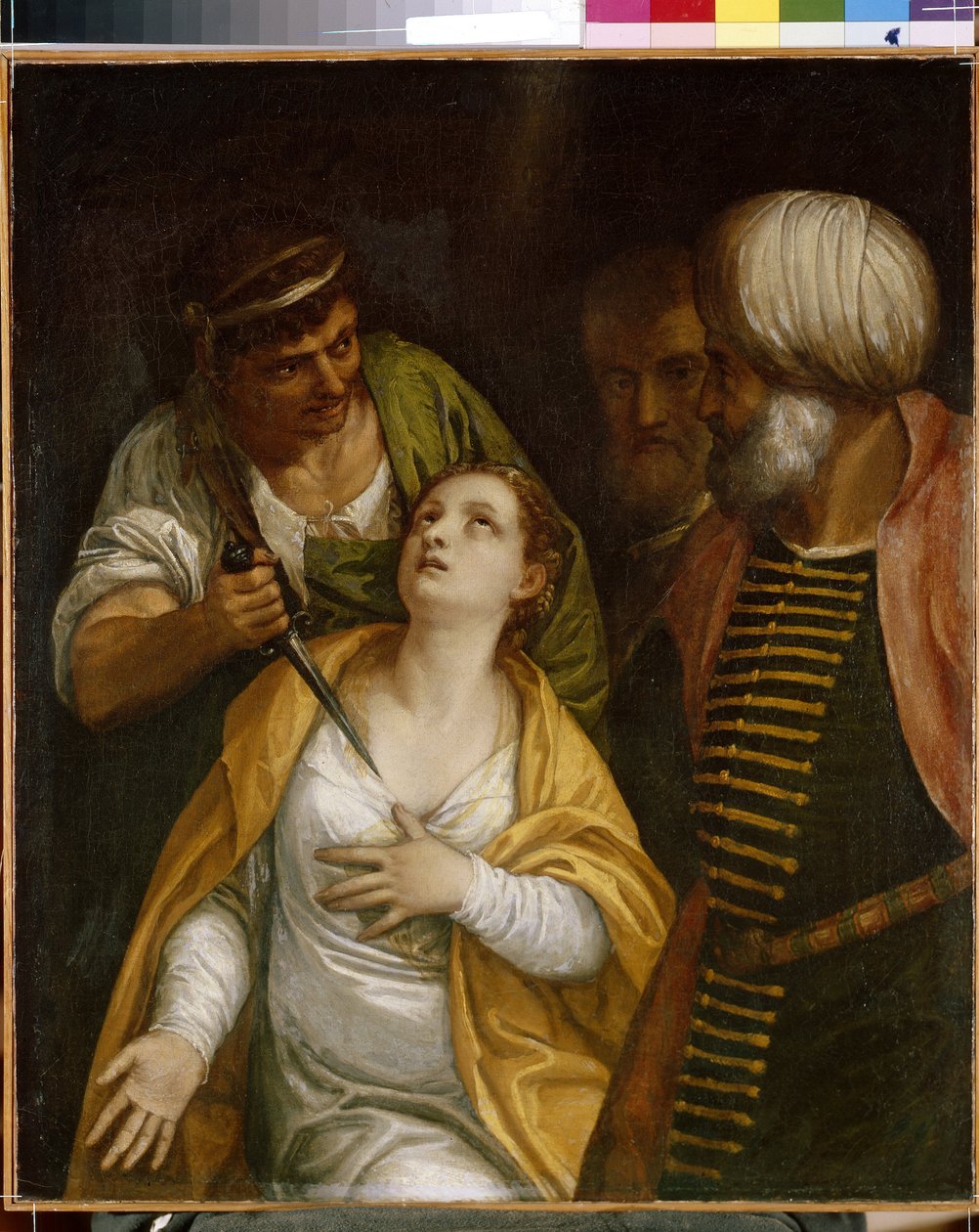 O Mártir de Santa Justina. Justina de Pádua (nascida no 3º centúrio-304), mártir da Roma Antiga, foi atingida por uma espada. Pintura por Paolo Veronese (1528-1588), óleo sobre tela. Arte italiana (Veneza) de (1528 88) Veronese