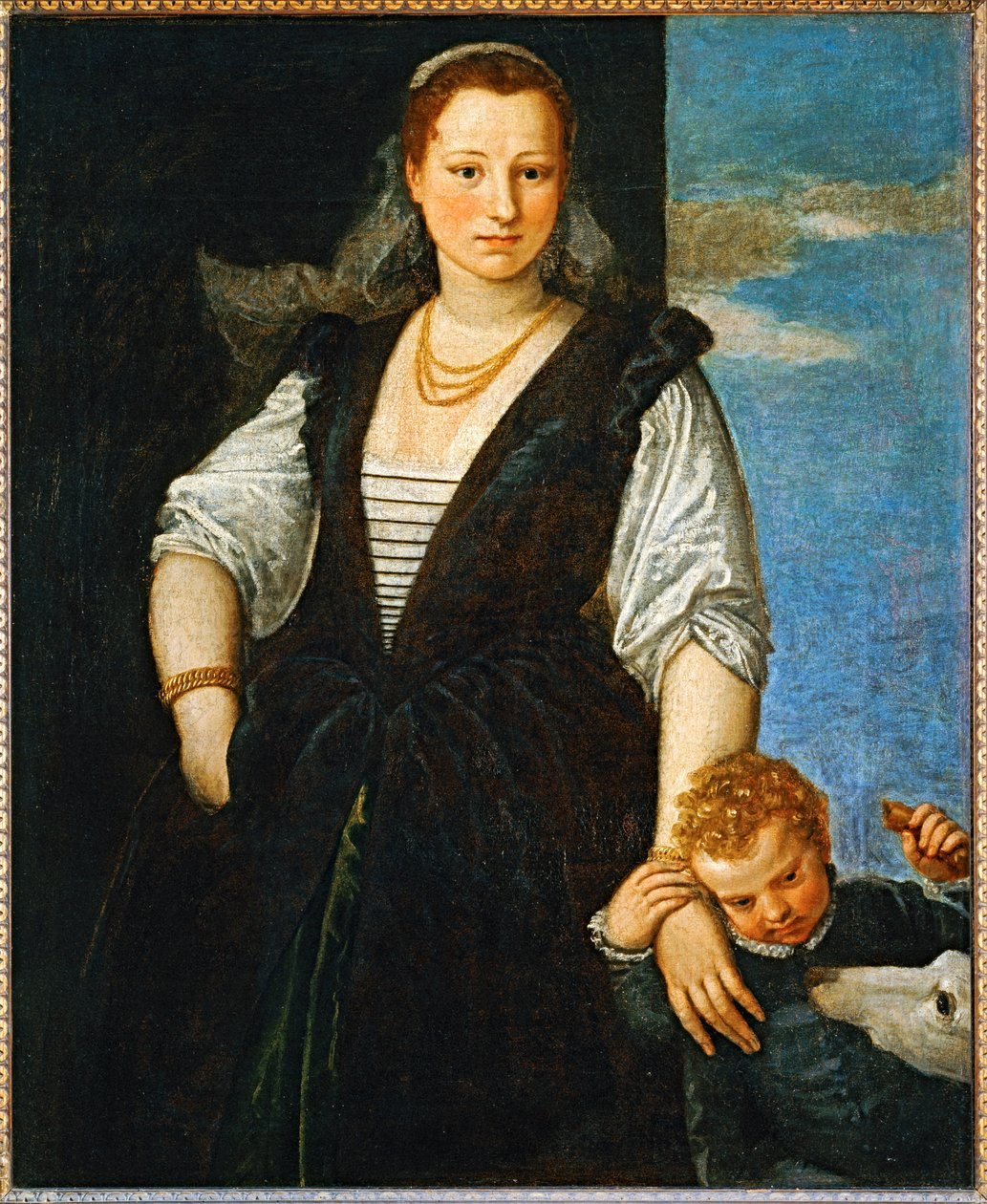 Retrato de uma mulher com uma criança e um cão - Portrait de femme avec un enfant et un chien ... de (1528 88) Veronese