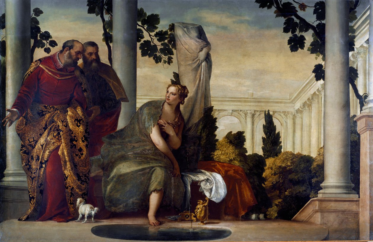 A Suzanne e os velhos. Pintura de Paolo Caliari chamada Paul Veronese (1528-1588), cerca de 1570. Óleo sobre tela. Dim: 175x320cm. Genes, Coleção Banca Carige de Veronese