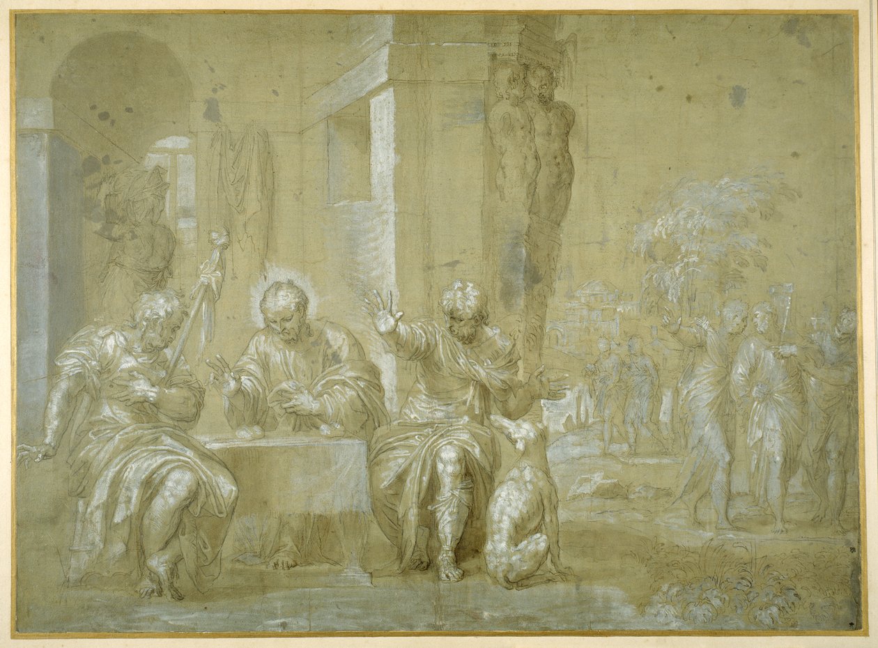 A Ceia em Emaús, c.1550 (caneta, tinta preta e aguada marrom no papel) de Veronese