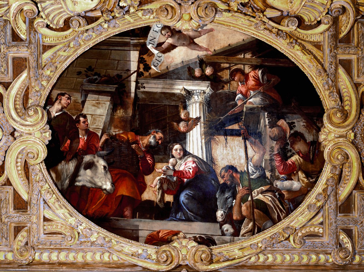 Adoração de pastores. Pintura de Paolo Caliari chamada Paolo Veronese (1528-1588), depois de 1568. Óleo sobre tela. Dimensões: 910x455 cm. Veneza, Basílica dos Santos João e Paulo (San Zanipolo), Capela do Rosário. Veneza (Basílica dos Santos Giovanni e Pa de Veronese